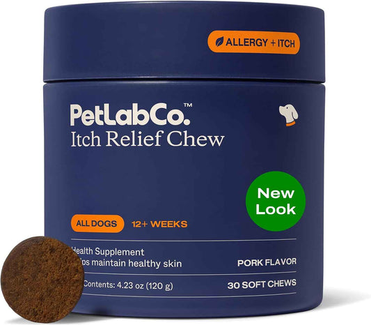 PetLab Co. Itch Relief Chews for Dogs, 30 Soft Chews, Pork | Omega 3-6-9, turmeric, and honey to support dry skin, coat health and immune balance daily