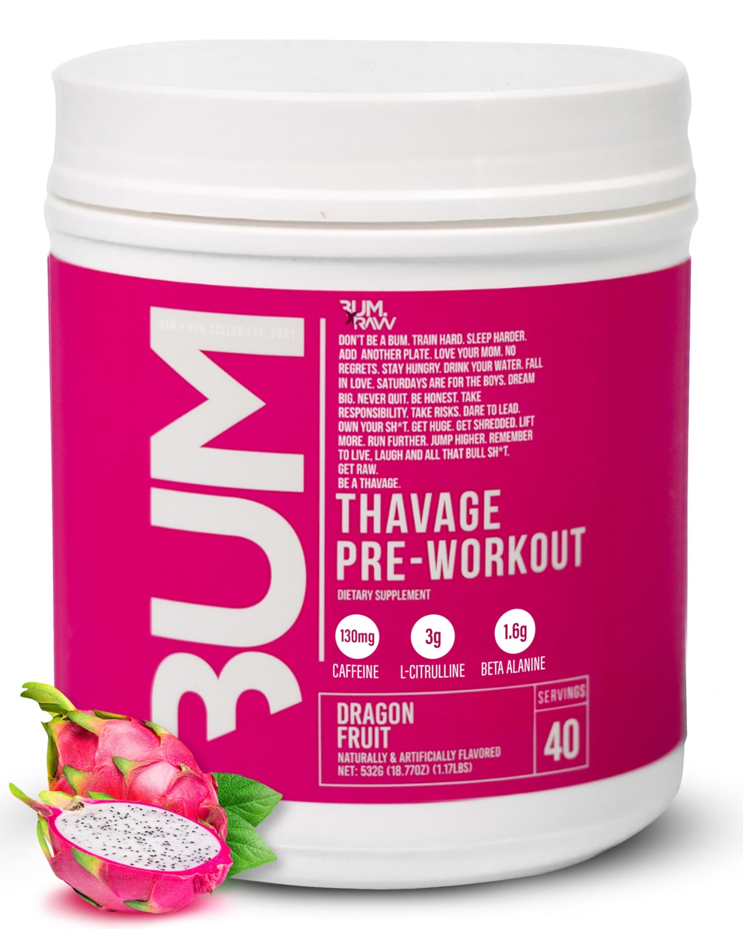 RAW Pre Workout Powder, Thavage (Beach Bum) - Chris Bumstead Sports Nutrition Supplement for Men & Women - Cbum Pre Workout for Working Out, Hydration, Mental Focus & Energy - 40 Servings
