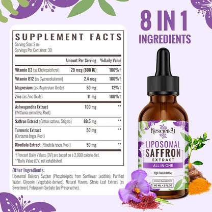 Saffron Supplements - 88.5 mg Saffron Extract Better Bioavailability Liposomal Drops for Mood, Energy, Vision & Focus with Ashwagandha, Turmeric, Magnesium, Zinc, Vitamin B12 & D3, 60 ml, 30 Servings | Liposomal Formula, With Ashwagandha, Magnesium, Zinc,
