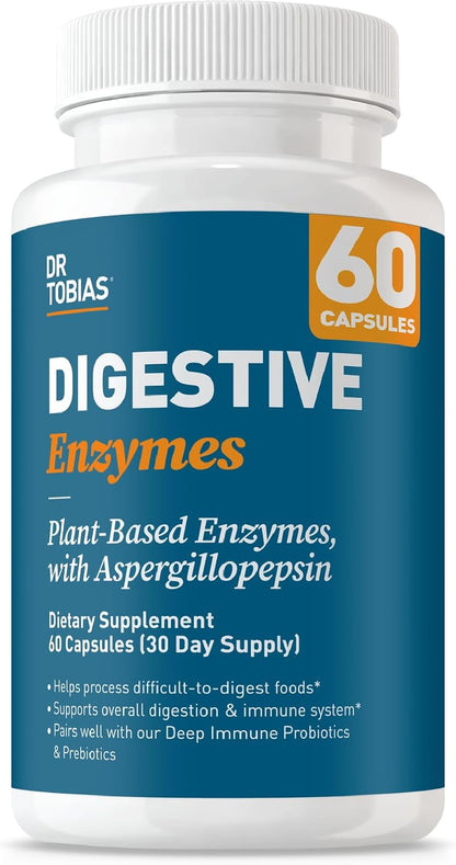 Dr. Tobias Digestive Enzymes 18-Enzyme Blend 60 Caps | Digestive Support | Take at Meal-Time | Enzymes for Digestion | Amylase + Lipase + Lactase | Digest Proteins, Fats, Carbs & Dairy | 30 Servings