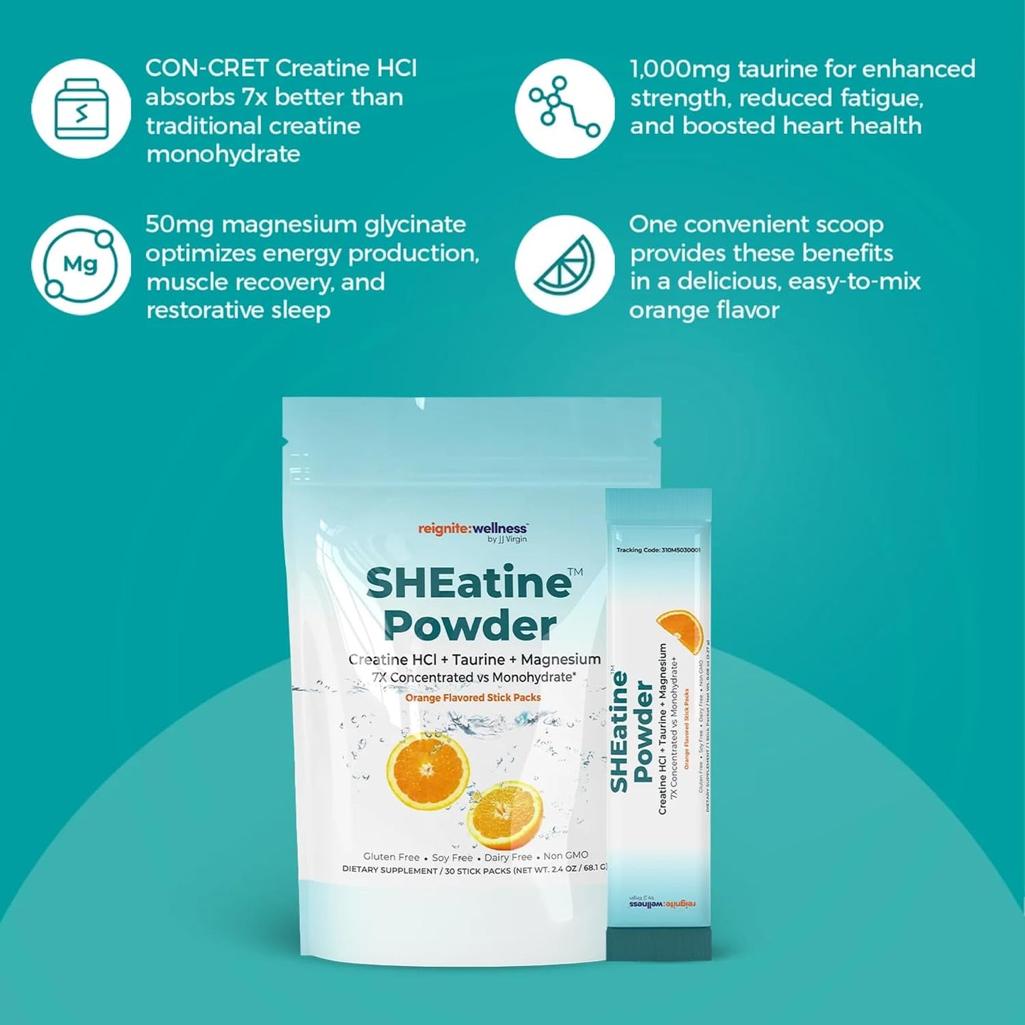 Reignite Wellness by JJ Virgin | SHEatine Powder Stick Packs | Creatine Trifecta for Powerful Aging | Creatine HCL, Taurine & Magnesium Glycinate | Orange Flavor 30 Count