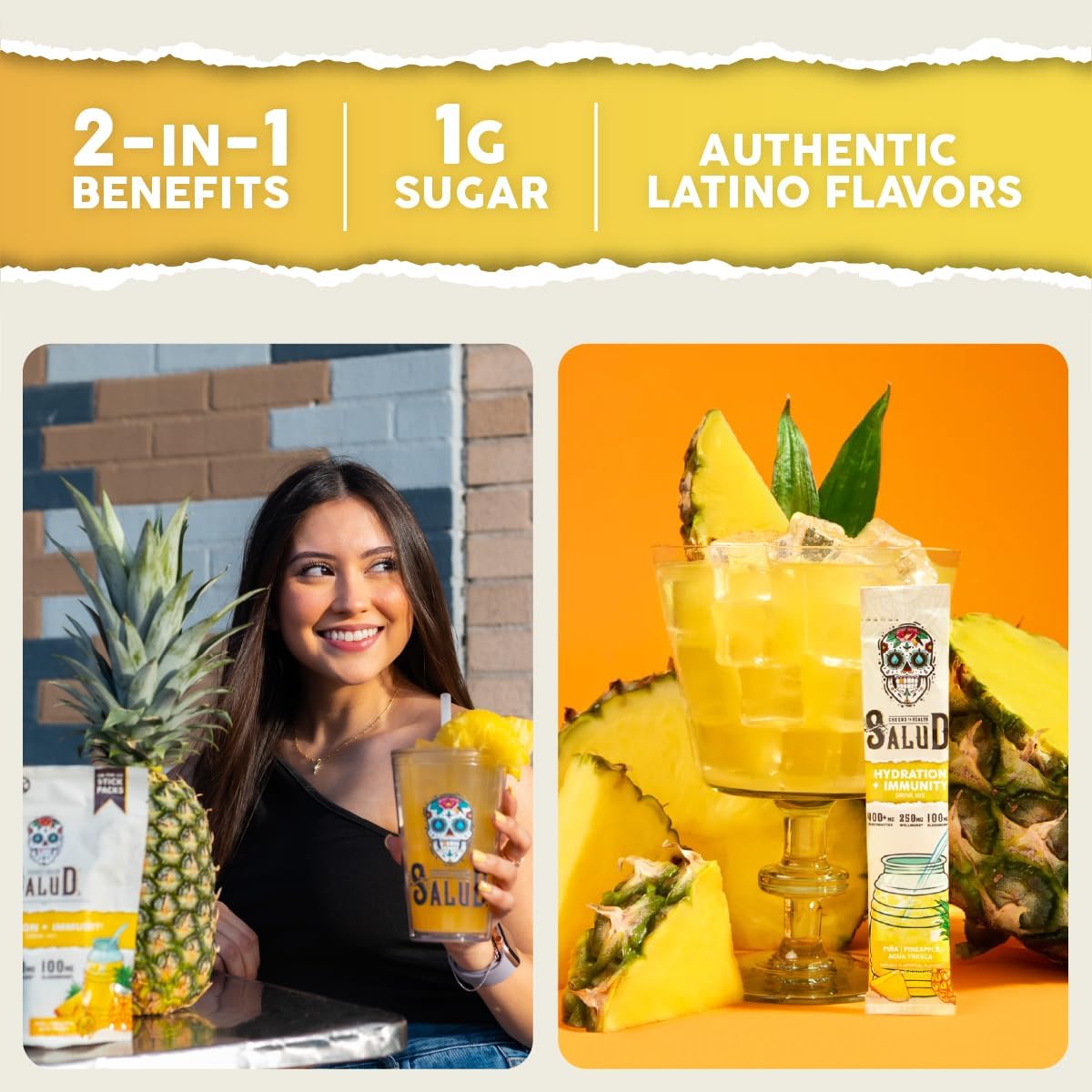 Salud 2-Pack | 2-in-1 Hydration + Immunity (Pineapple) & Hydration + Immunity (Strawberry) – 15 Servings Each, Agua Fresca Drink Mix, Non-GMO, Gluten Free, Vegan, Low Calorie, 1g of Sugar