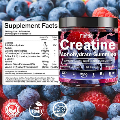 Creatine Monohydrate Gummies 5000mg with L-Carnitine, 120 Count | Containing Taurine for Women & Men, Build Muscle, Boost Energy, Faster Recovery, Sugar Free, Vegan, Raspberry & Blackberry