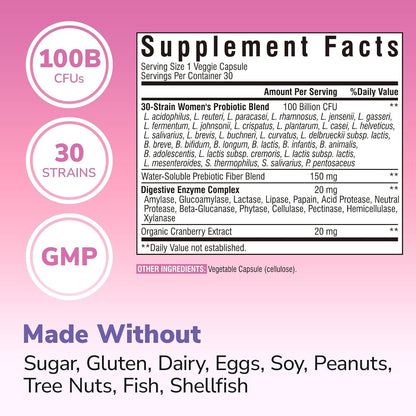Vitalibre Probiotics for Women 30 Strains, 100B CFUs Vaginal Probiotics | with Digestive Enzymes, Prebiotics & Cranberry for Urinary Tract Health, pH Balance, 30 Veggie Capsules