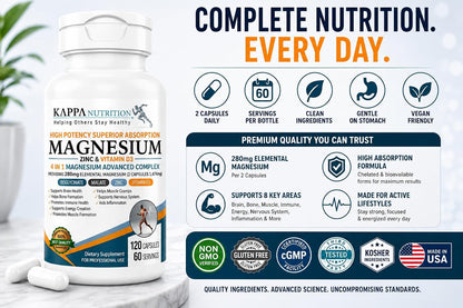 Kappa Nutrition Magnesium 4-in-1, 280mg Elemental Magnesium (Bisglycinate, Malate) + Zinc & Vitamin D3, Brain, Sleep, Energy, Muscle, Immune Support, 120 Vegan Capsules.