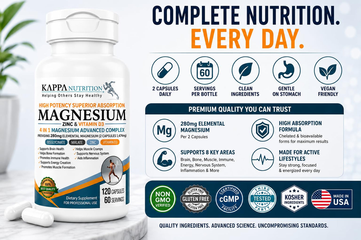 Kappa Nutrition Magnesium 4-in-1, 280mg Elemental Magnesium (Bisglycinate, Malate) + Zinc & Vitamin D3, Brain, Sleep, Energy, Muscle, Immune Support, 120 Vegan Capsules.
