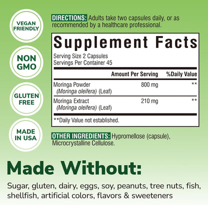 Moringa 1,010 mg, Maximum Potency, Complete Green Superfood, Rich in Antioxidants, No Gluten & Caffeine, Non-GMO, Energy, Immune, Gut & Skin Health, 90 Vegan Capsules
