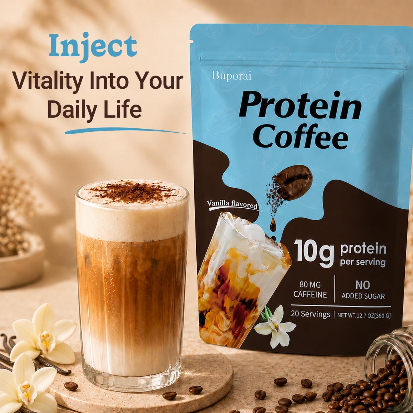 Caramel Protein Coffee Powder - Instant Iced Coffee, Sugar Free, Keto Friendly, 10 g Protein, 80 mg Caffeine Per Serving - 20 Servings