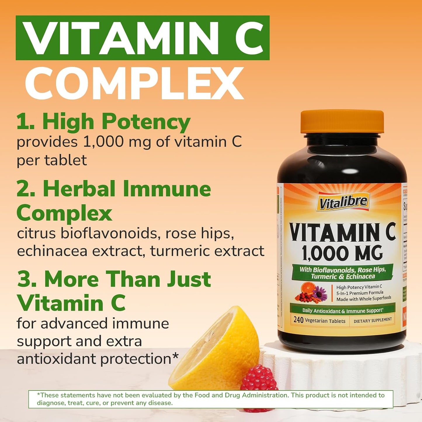Vitalibre Vitamin C 1000mg, with Citrus Bioflavonoids, Rose Hips, Echinacea & Turmeric, Immune Support, Antioxidant Protection, Collagen Production, 240 Vegan Tabs