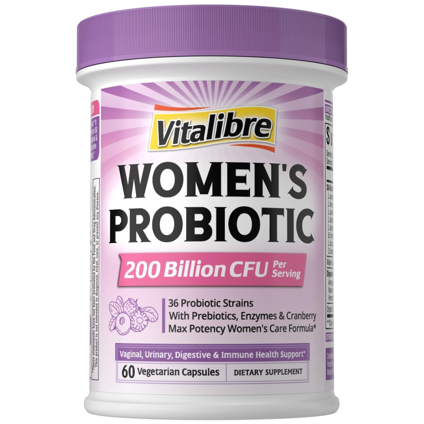 Vitalibre Probiotics for Women 30 Strains, 100B CFUs Vaginal Probiotics | with Digestive Enzymes, Prebiotics & Cranberry for Urinary Tract Health, pH Balance, 30 Veggie Capsules