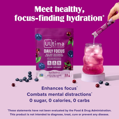 Ultima Replenisher Daily Focus Supplement, Acai Blueberry, 14 Stickpacks | Daily Zero Sugar Electrolyte Powder Hydration Packets with 6 Key Electrolytes & L-Theanine to Improve Focus - Keto Friendly