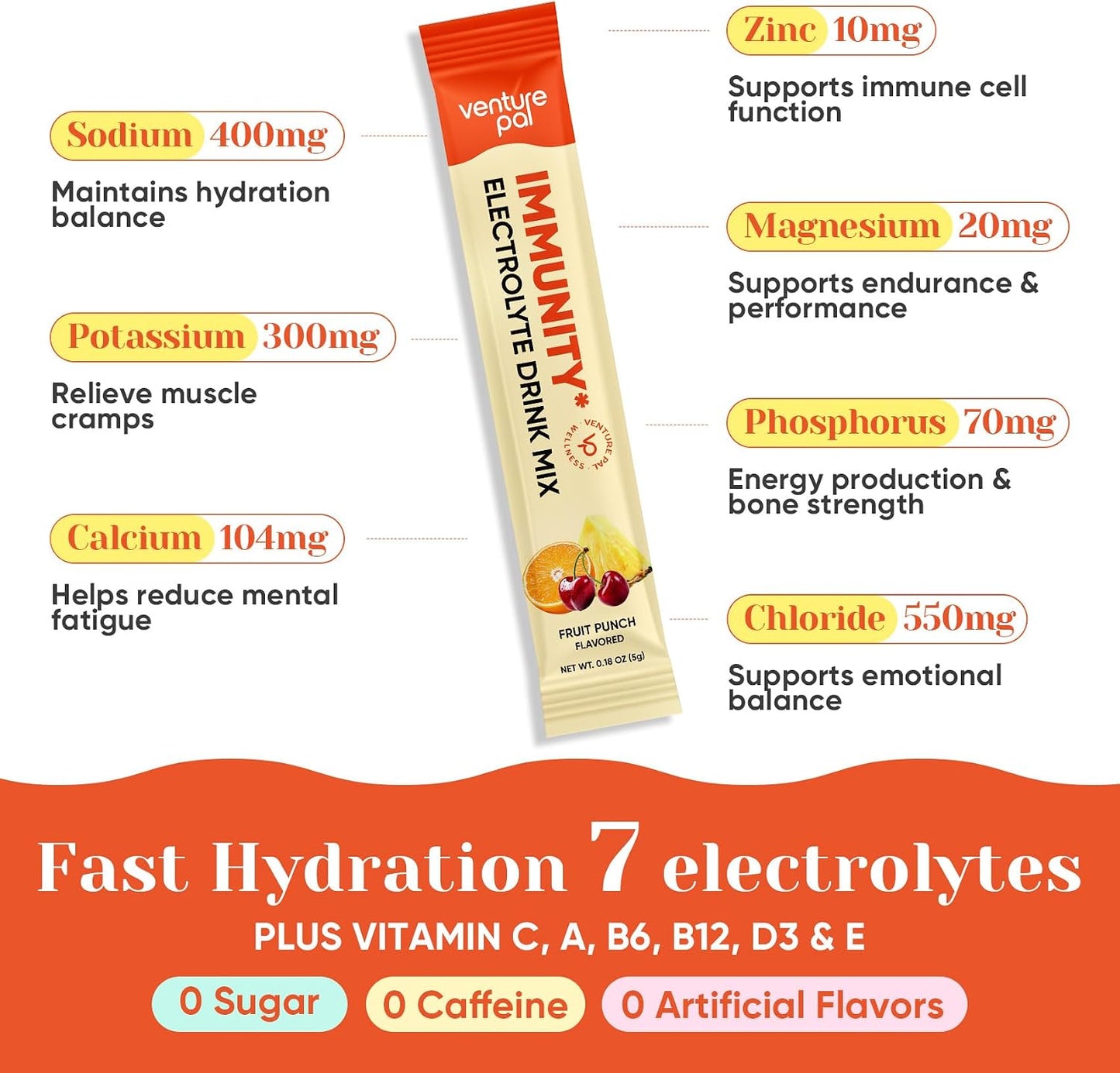 Venture Pal Sugar Free Hydration Packets+Immune-Liquid Daily IV Drink Mix | Electrolyte Powder with 7 Electrolytes & 6 Vitamins, Probiotics + Elderberry | Non-GMO, Keto Friendly, Vegan | 16 Sticks