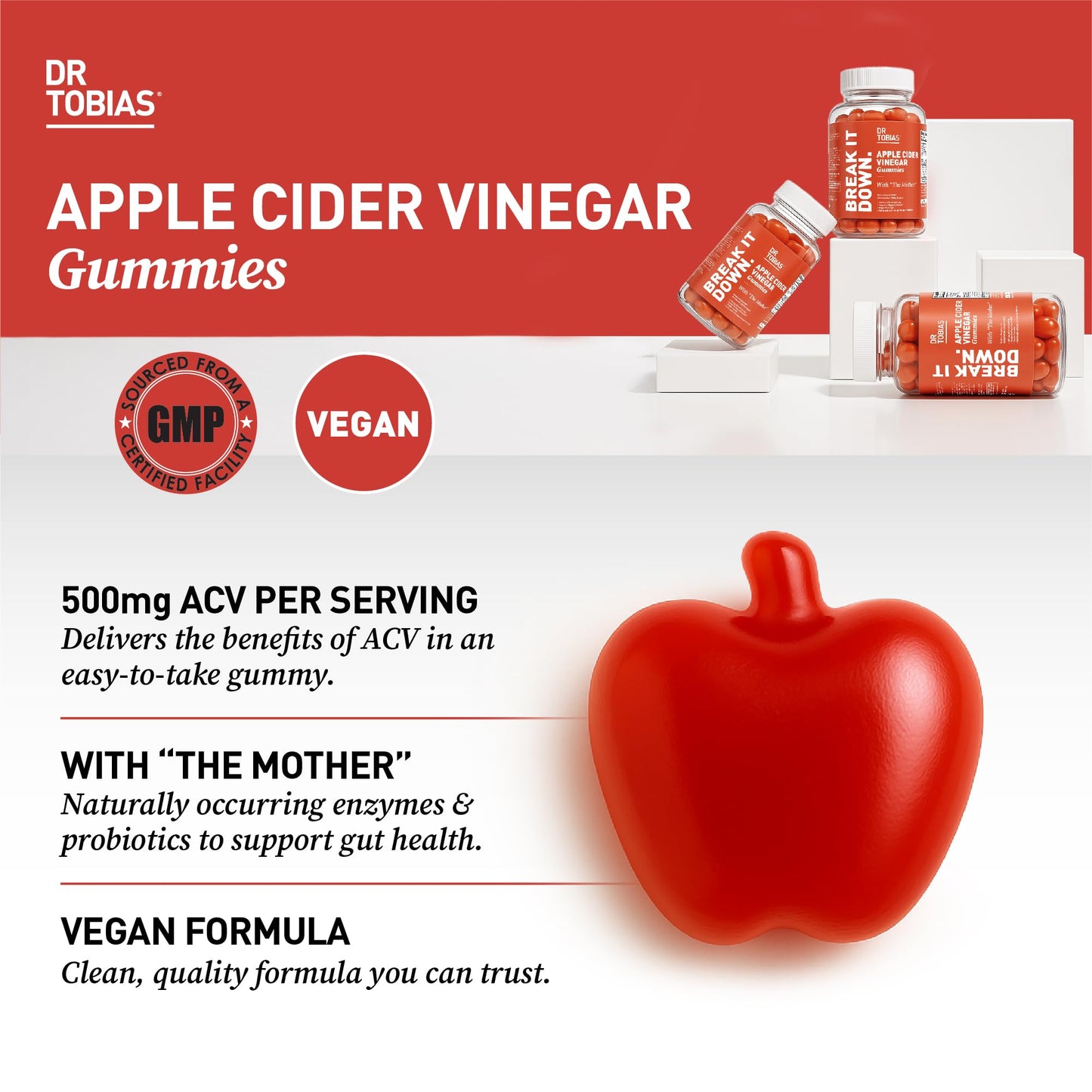 Dr. Tobias Apple Cider Vinegar Gummies with The Mother 60 Count | Digestive & Daily Wellness Support | 500 mg ACV | Folate + B6 + B12 + Iodine | Vegan | 30 Servings
