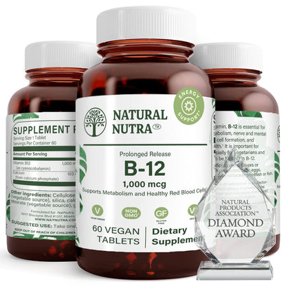 Natural Nutra Vitamin B12 1000 mcg, 100 Vegan Tablets | Promote Heart & Nerve Health, Cobalamin B12 Supplement, Help in Metabolism Health, Optimal Absorption, Gluten-Free,Sugar-Free
