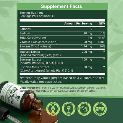 (2 Pack)Whole Soursop Graviola Leaf Extract Liquid Drop with Irish Sea Moss | Herbal Soursop Bitters Liquid for Cell Support & Regeneration, Immunity and Gut Health丨Vegan, Non-GMO, Natural Flavor,1 Fl Oz