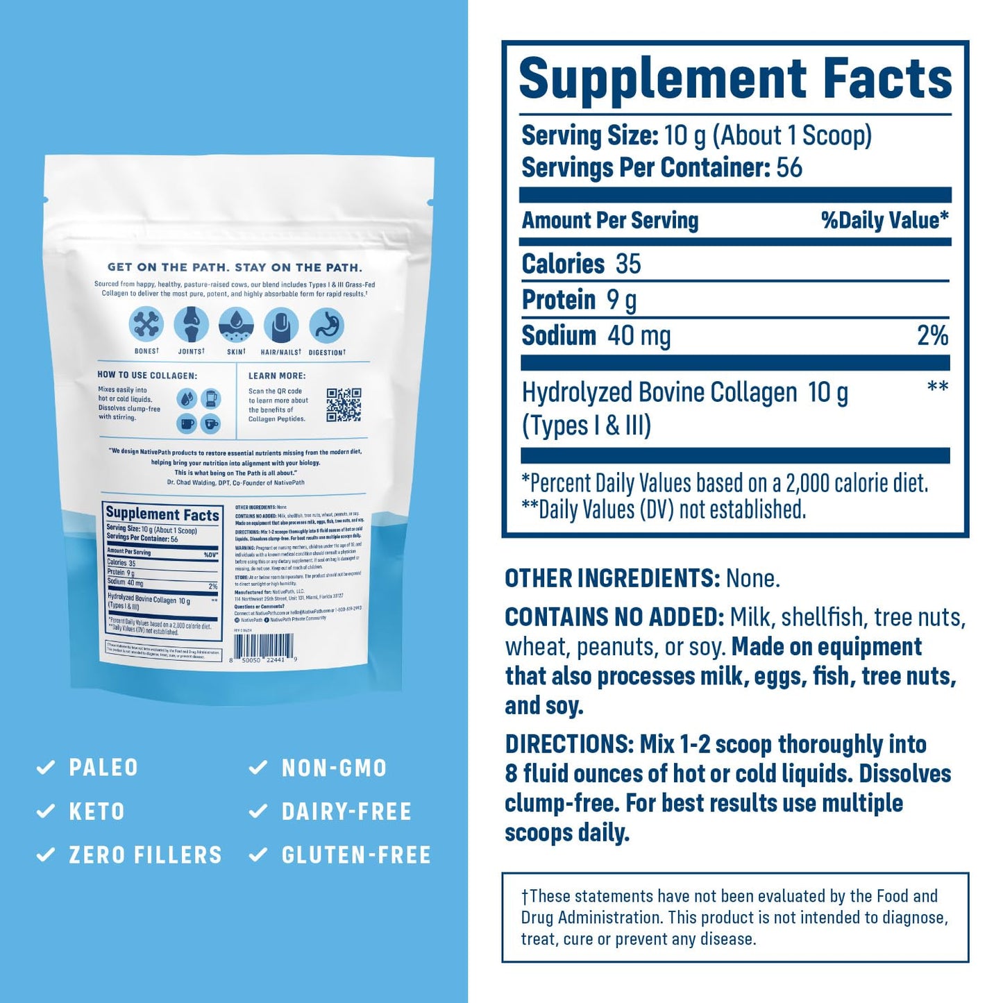 NativePath Collagen Peptides, Grass-Fed Type 1 & 3, 45 Servings | 10g Hydrolyzed Per Scoop, Supports Hair, Skin, Nails & Joints, Unflavored, Women & Men, Keto & Paleo