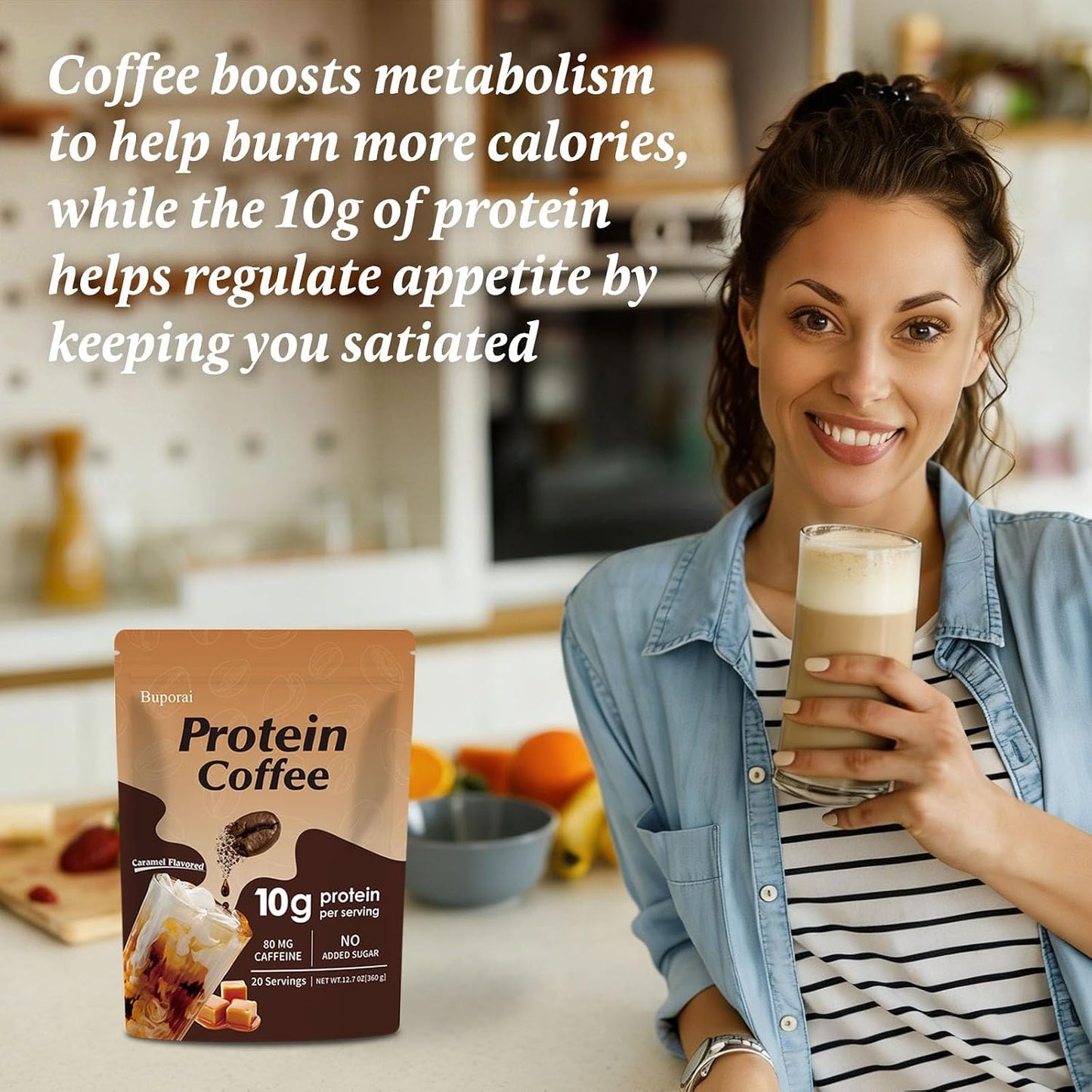 Caramel Protein Coffee Powder - Instant Iced Coffee, Sugar Free, Keto Friendly, 10 g Protein, 80 mg Caffeine Per Serving - 20 Servings