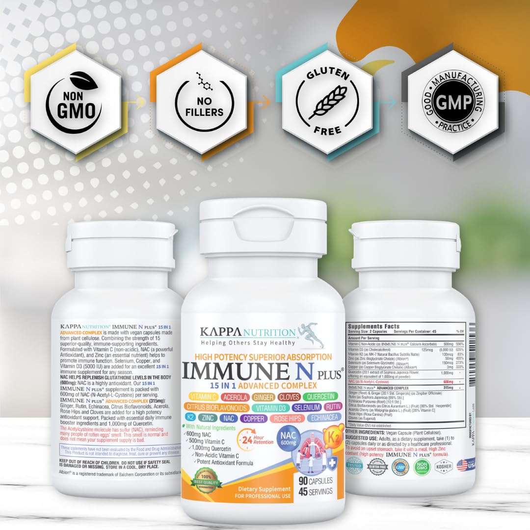 (90 Capsules), NAC 600mg, Quercetin 1,000mg, Vitamin C 500mg, Zinc 50mg, Vitamin D3 5,000iu, Selenium, Copper, Acerola, Ginger, Rutin, Citrus Bioflavonoids, Rose Hips, Echinacea, Immune N Plus 15 in 1 KAPPA NUTRITIONBuy Supplements Australia