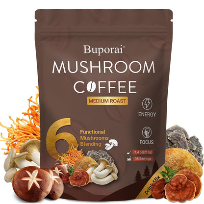 Mushroom Coffee, Instant Mushroom Coffee Organic with 6 Mushrooms Lion’s Mane, Cordyceps, Turkey Tail & Other for Energy, Focus, Digestion, Immunity, 35 Servings
