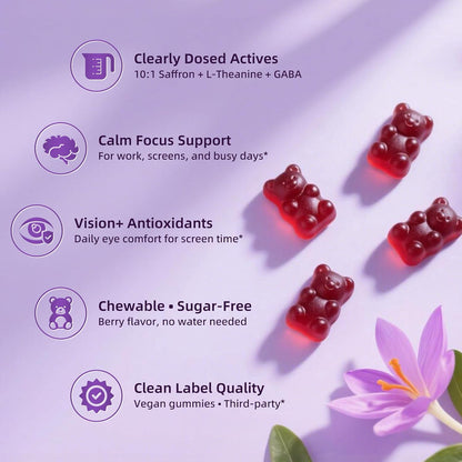 Saffron Gummies 88.5mg with L-Theanine 200mg, GABA for Mood, Focus & Vision | 10-in-1 Supplements for Adults with Ashwagandha, Eye Support Blend, GMP Certified, Sugar Free, Vegan, 60 Day Supply