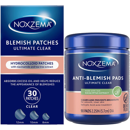 Noxzema Acne Treatment Bundle – Ultimate Clear Blemish Patches with Niacinamide and Tea Tree + Anti-Blemish Pads with 2% Salicylic Acid