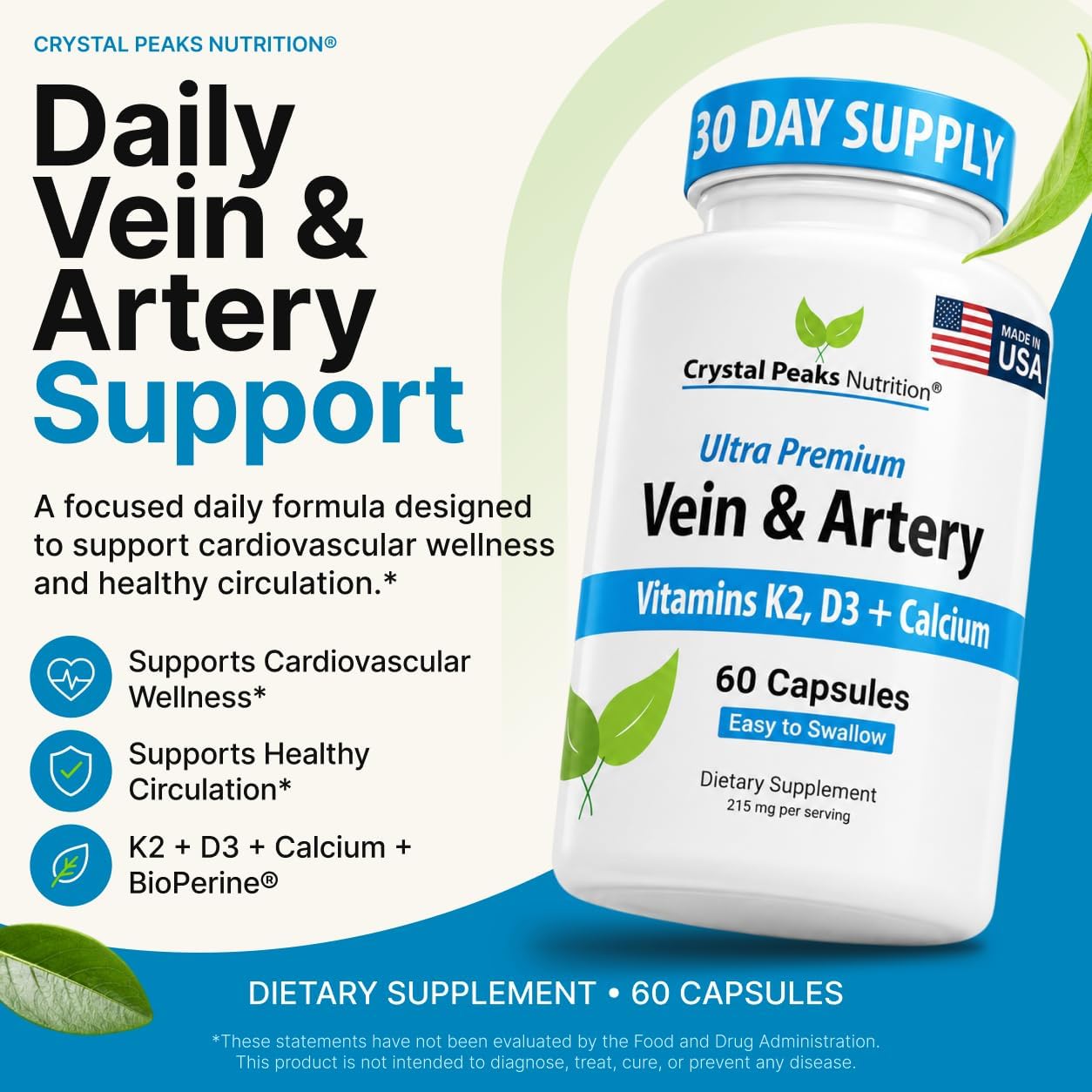 Vein & Artery Supplement - Blood Flow Supplement with Calcium - Blood Circulation Support for Men, Women - Circulation and Vein Support - 60 ct