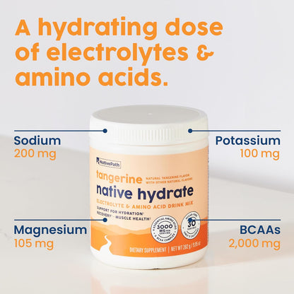 NativePath Hydrate Electrolyte Powder, Tangerine, 30 Servings | 14 Vitamins & Minerals, 9 Aminos & 2000mg BCAAs, Zero Sugar, Supports Hydration & Recovery, Stevia, Keto