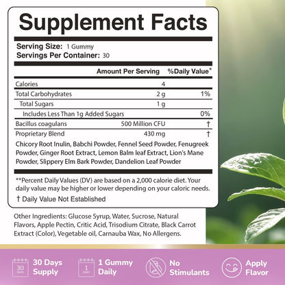 Neotonics Probiotic Gummies – Botanical Blend – 30 Ct, 1 Month Supply | Chewable probiotic gummy with Bacillus Coagulans, prebiotic inulin & botanicals | Non-GMO, Stimulant-Free | Daily gummy