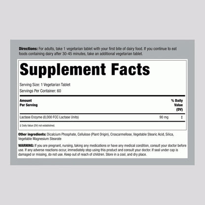 Piping Rock Fast Acting Lactase Enzyme | 8000 FCC | 60 Tablets | Dairy Relief Supplement | For Men and Women | Premium Formula | Vegetarian, Non-GMO, Gluten Free