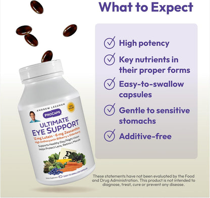 Andrew Lessman Ultimate Eye Support 60 Softgels - 12mg Lutein, 6mg Zeaxanthin, Bilberry, Key Nutrients to Support Eye Health and Promote Healthy Vision. No Additives. Easy to Swallow Softgels