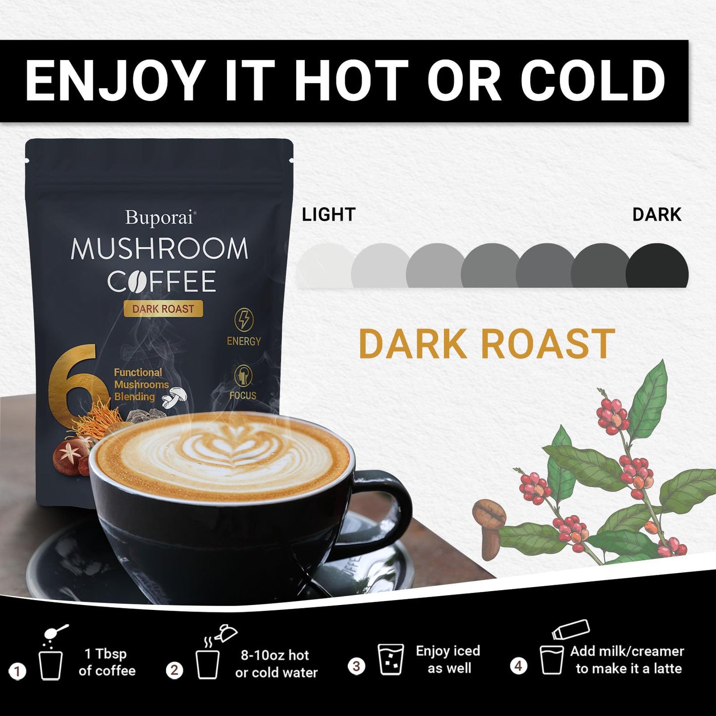 Mushroom Coffee, Instant Mushroom Coffee Organic with 6 Mushrooms Lion’s Mane, Cordyceps, Turkey Tail & Other for Energy, Focus, Digestion, Immunity, 35 Servings