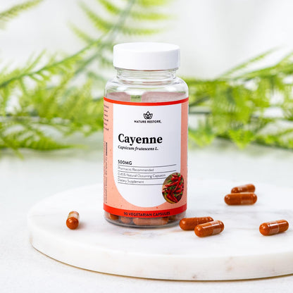 Nature Restore Premium Cayenne Pepper Extract Supplement. Standardized to 0.45% Capsaicin - 70,000 Scoville Heat Units for Natural Metabolism Support, Thermogenic Heat & Circulation, 90 Vegan Capsules