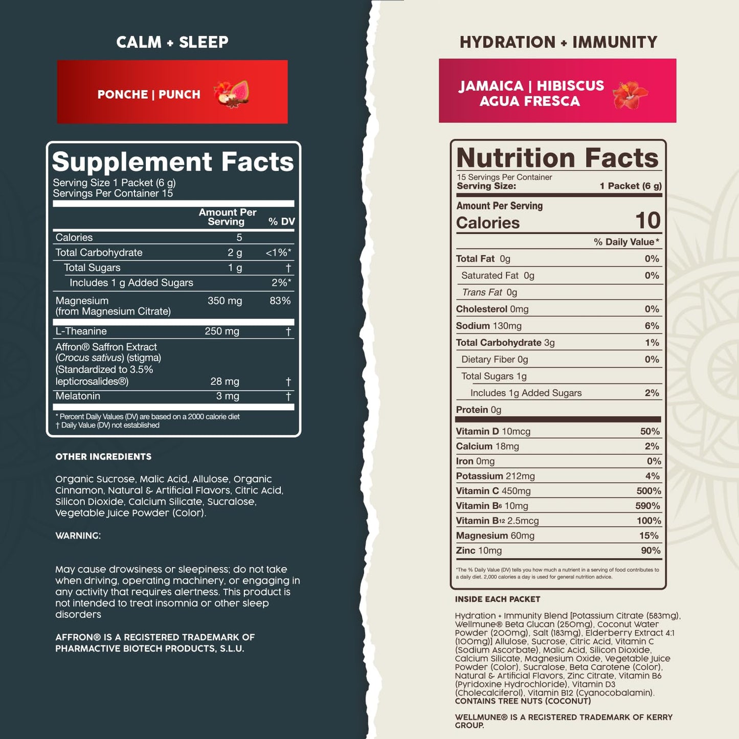 Salud 2-Pack | 2-in-1 Calm + Sleep (Punch) & Hydration + Immunity (Hibiscus) 15 Servings Each, Drink Mix, Dairy & Soy Free, Non-GMO, Gluten Free, Vegan, Low Calorie, 1g of Sugar