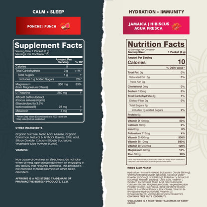 Salud 2-Pack | 2-in-1 Calm + Sleep (Punch) & Hydration + Immunity (Hibiscus) 15 Servings Each, Drink Mix, Dairy & Soy Free, Non-GMO, Gluten Free, Vegan, Low Calorie, 1g of Sugar