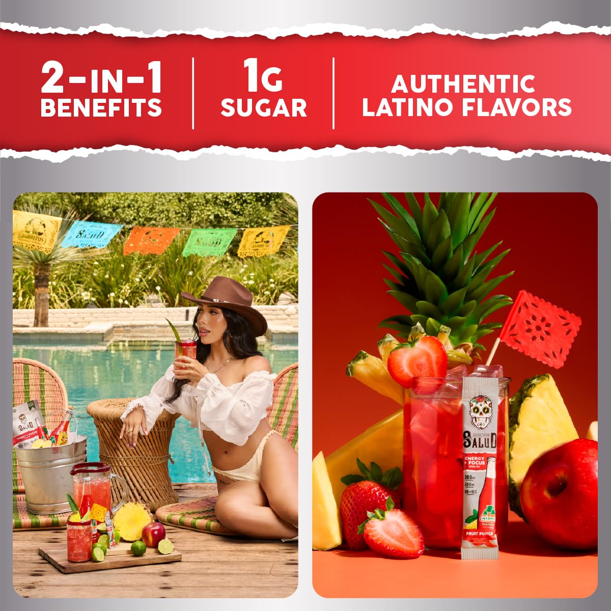 Salud 2-in-1 Energy + Focus Drink Mix, Hibiscus | Organic Caffeine, B6 + B12, Theanine, Clean Energy Packets, Agua Fresca Mix, Non-GMO, Gluten Free, 1g of Sugar (15 Servings)