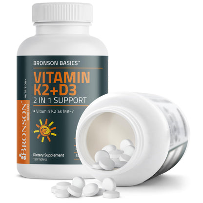 Bronson Vitamin K2 D3 (MK7) Supplement Non-GMO Formula Vitamin D3 5000IU (125 mcg) & 90 mcg K2 MK-7, Easy to Swallow D & K Complex, 120 Tablets