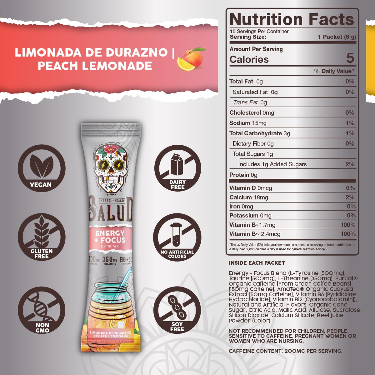 Salud 2-Pack |2-in-1 Energy + Focus (Peach Lemonade) & Hydration + Immunity (Cucumber Lime) – 15 Servings Each, Agua Fresca Drink Mix, Non-GMO, Gluten Free, Vegan, Low Calorie, 1g of Sugar