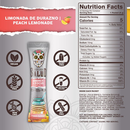 Salud 2-Pack |2-in-1 Energy + Focus (Peach Lemonade) & Hydration + Immunity (Cucumber Lime) – 15 Servings Each, Agua Fresca Drink Mix, Non-GMO, Gluten Free, Vegan, Low Calorie, 1g of Sugar