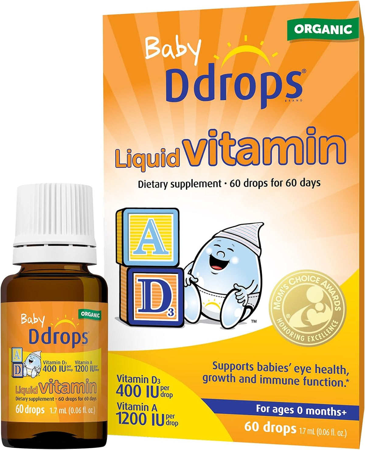 Ddrops® Baby Organic Liquid Vitamins A&D Drops for Infants, 60 Drops. Supports Babies’ Eye Health, Bone Development and Immune Function. Certified Organic, Non-GMOs, Allergy-Friendly