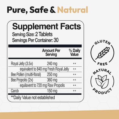 Bee and You Royal Jelly Tablet, Propolis Extract, Bee Pollen, 100% Natural Superfood, Ultra Pure, Immune Support Supplement, Improve Energy, Focus, Antioxidants, Fresh, Keto, Paleo, Gluten-Free | 60ct