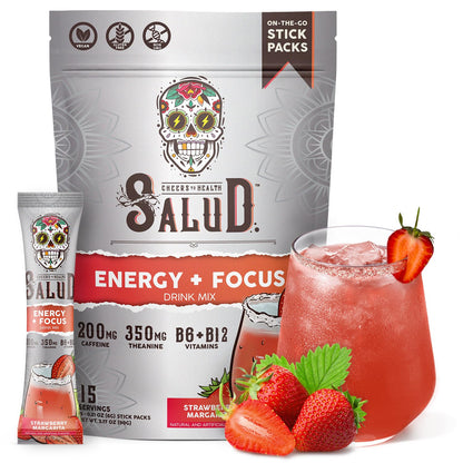 Salud 2-in-1 Energy + Focus Drink Mix, Hibiscus | Organic Caffeine, B6 + B12, Theanine, Clean Energy Packets, Agua Fresca Mix, Non-GMO, Gluten Free, 1g of Sugar (15 Servings)