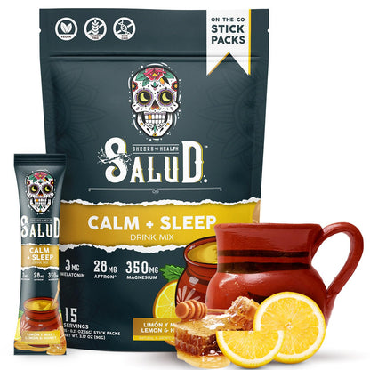 Salud 2-in-1 Sleep Aid + Calm Drink Mix, Punch | Melatonin, Magnesium, Saffron Extract, L-Theanine, Non-GMO, Gluten Free, Vegan, Low Calorie, 1g of Sugar (15 Servings)