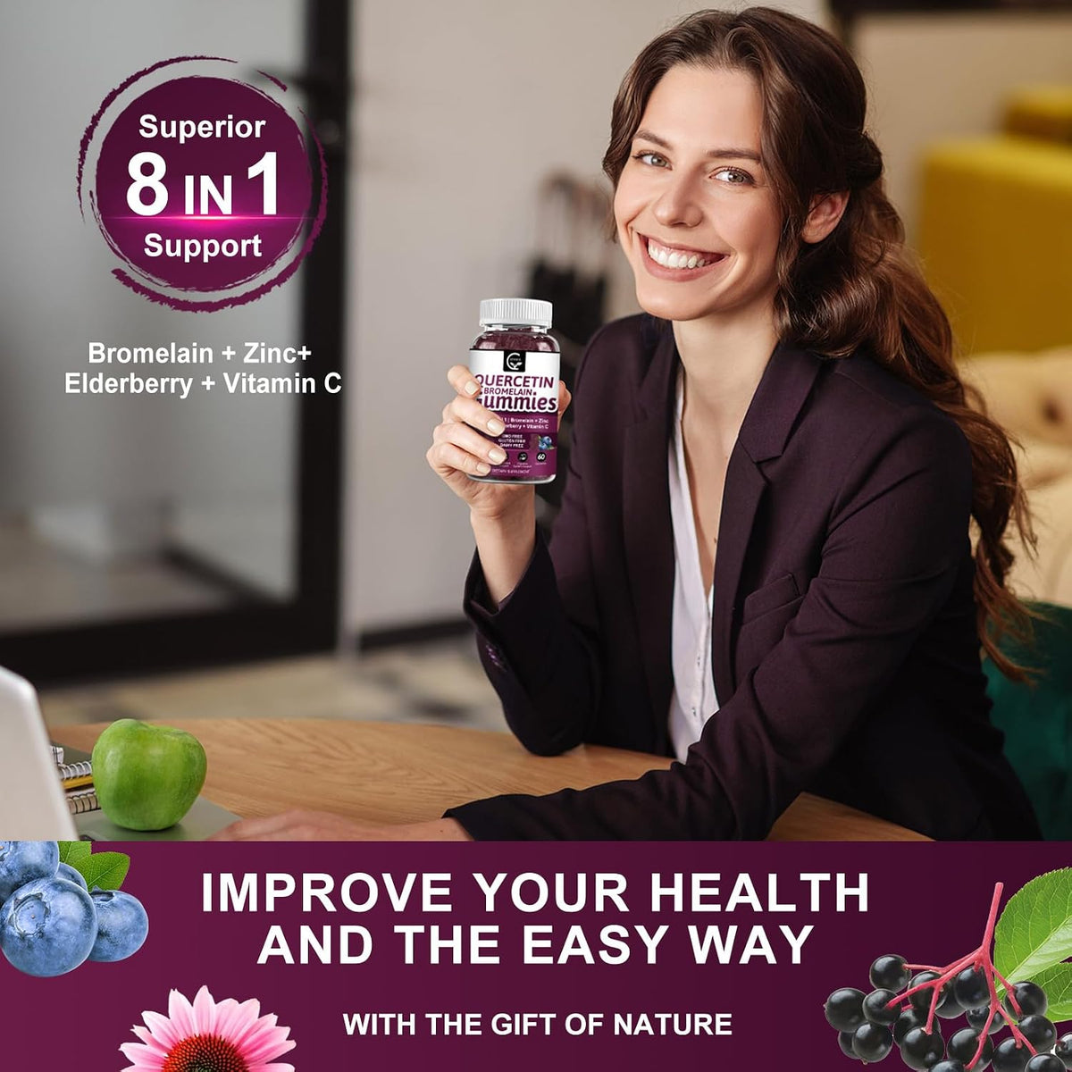 (2 Pack) Quercetin Gummies - Quercetin with Bromelain 2378mg - Blend with Elderberry, Echinacea Purpurea Extract, Zinc, Vitamin C,D3,K2, Complex Supports Immune, Cardiovascular & Respiratory Function