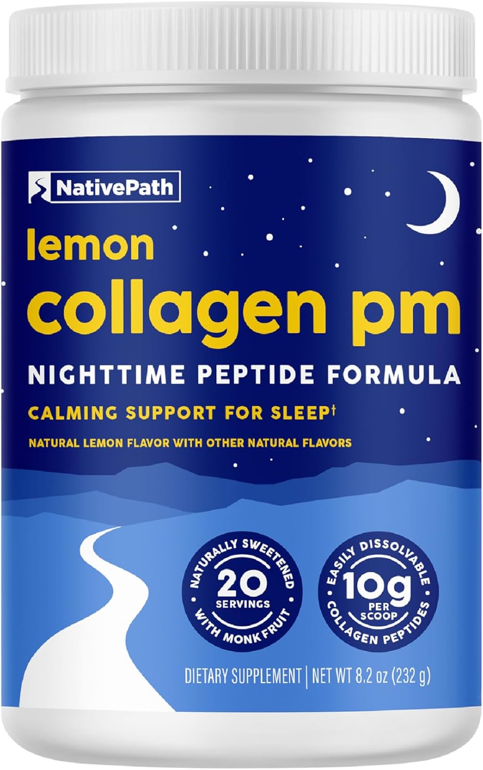 NativePath Collagen PM Lemon with Melatonin, 20 Servings | 10g Grass-Fed Peptides, Magnesium, GABA & L-Theanine, Supports Restful Sleep, Skin & Hair, No Added Sugar