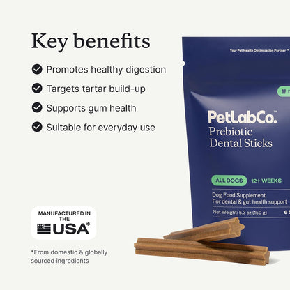PetLab Co. Dental Sticks – Dog Dental Chews -Target Plaque & Tartar Build-Up at The Source - Designed to Maintain Your Dog’s Oral Health, Keep Breath Fresh and Provide Digestive Help (24 Sticks) | Ridged texture with chicory root prebiotic and peppermint
