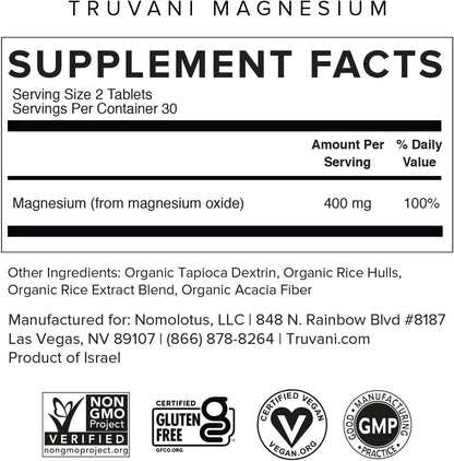 Truvani Magnesium 400mg Oxide Tablets | 60 Tablets | Vegan | Supports Calm and Sleep, Healthy Bones, Muscle Health, Digestive Health | Non-GMO, Vegan Pills