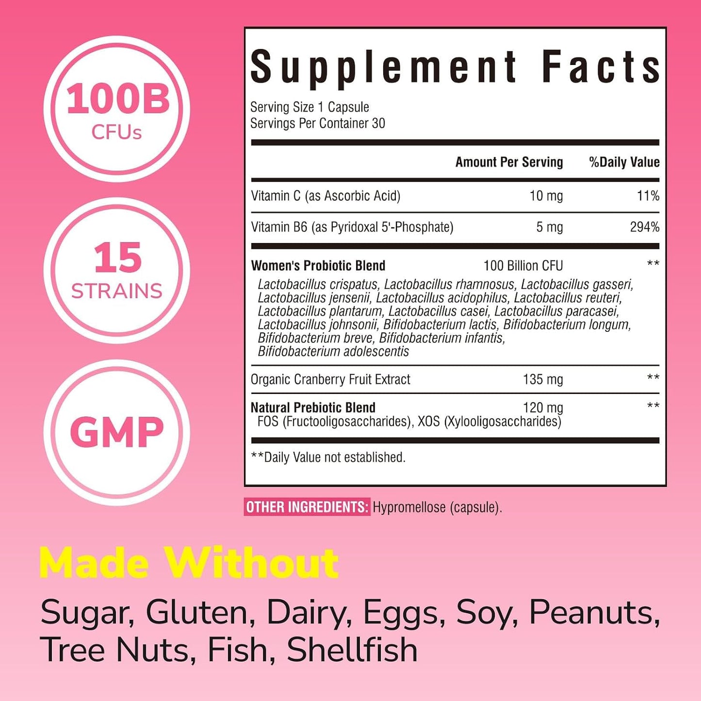 Vitalibre Probiotics for Women 100 Billion CFU 15 Strains, Daily Probiotic | 30 Vegan Capsules, Prebiotic Supplement with Organic Cranberry to Support Vaginal, Digestive, Immune Health, Shelf Stable