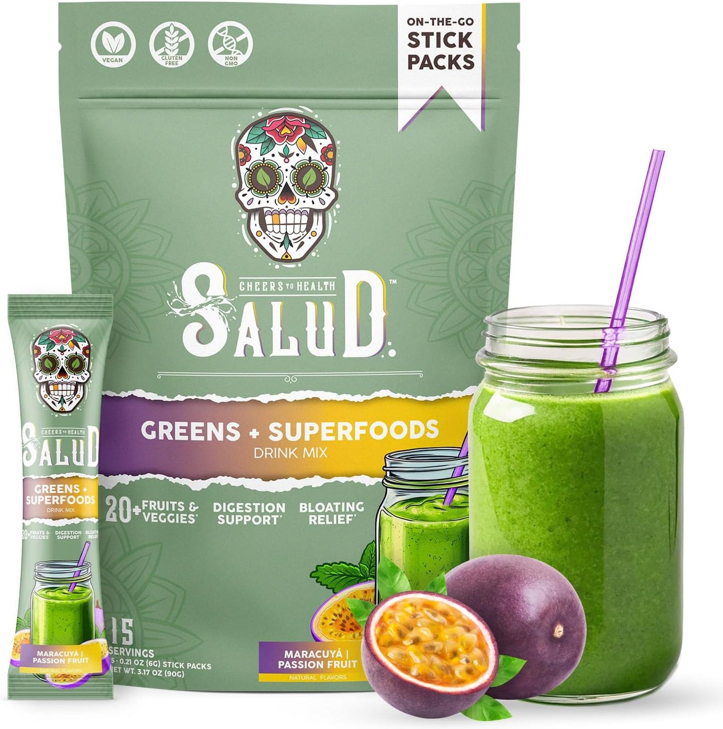 Salud 2-in-1 Greens Powder + Superfood Drink Mix, Passion Fruit | 20+ Fruits and Veggies, Probiotics, Prebiotics, Supports Digestive Health, Bloating Relief, Vegan (15 Servings)