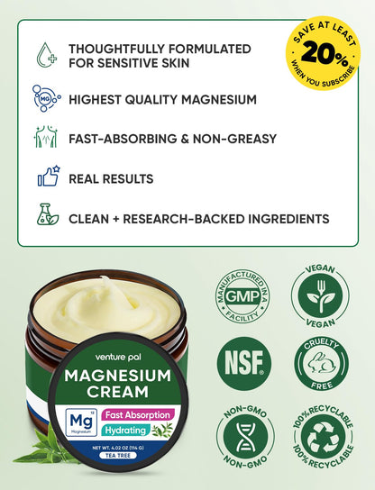 Venture Pal Topical Magnesium Cream, Highly Concentrated Magnesium Lotion | Fast-Absorbing Magnesium Moisturizing Cream with Coconut Oil, Shea Butter & Hyaluronic Acid; Suitable for Kids