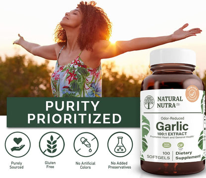 Natural Nutra Odorless Garlic Oil Supplement, Organic Pills for Boost Heart Health & Skin Health, Enhance Immune System, Reduce Cyclical Issue, Maintain Body Fat Oil, Allium Sativum 500mg,100 Softgels